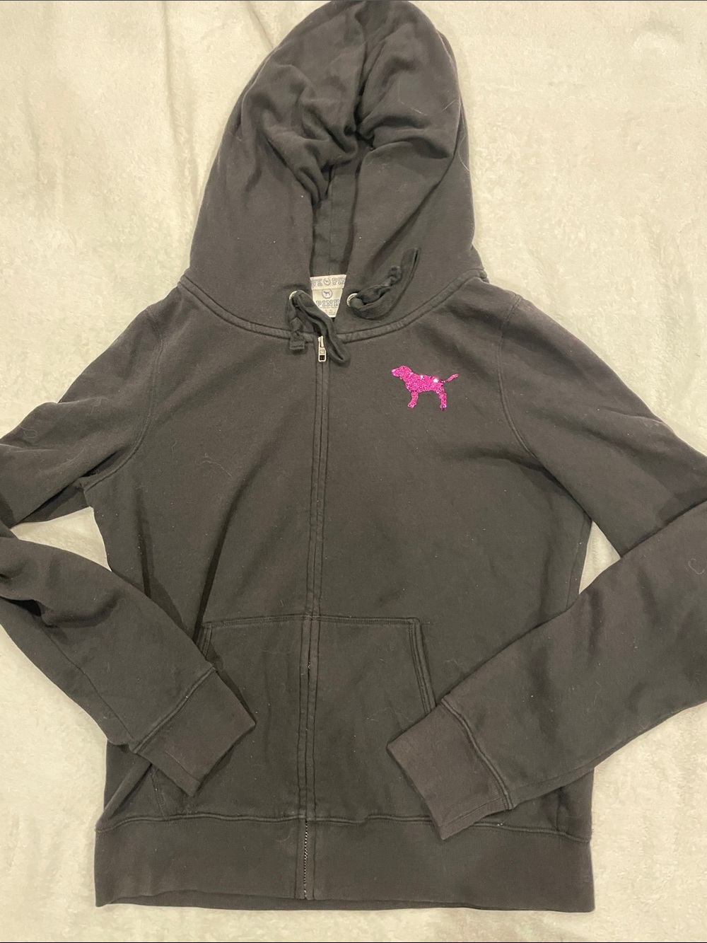 PINK Victoria's Secret Black Zip-Up Hoodie with Pink Dog Logo